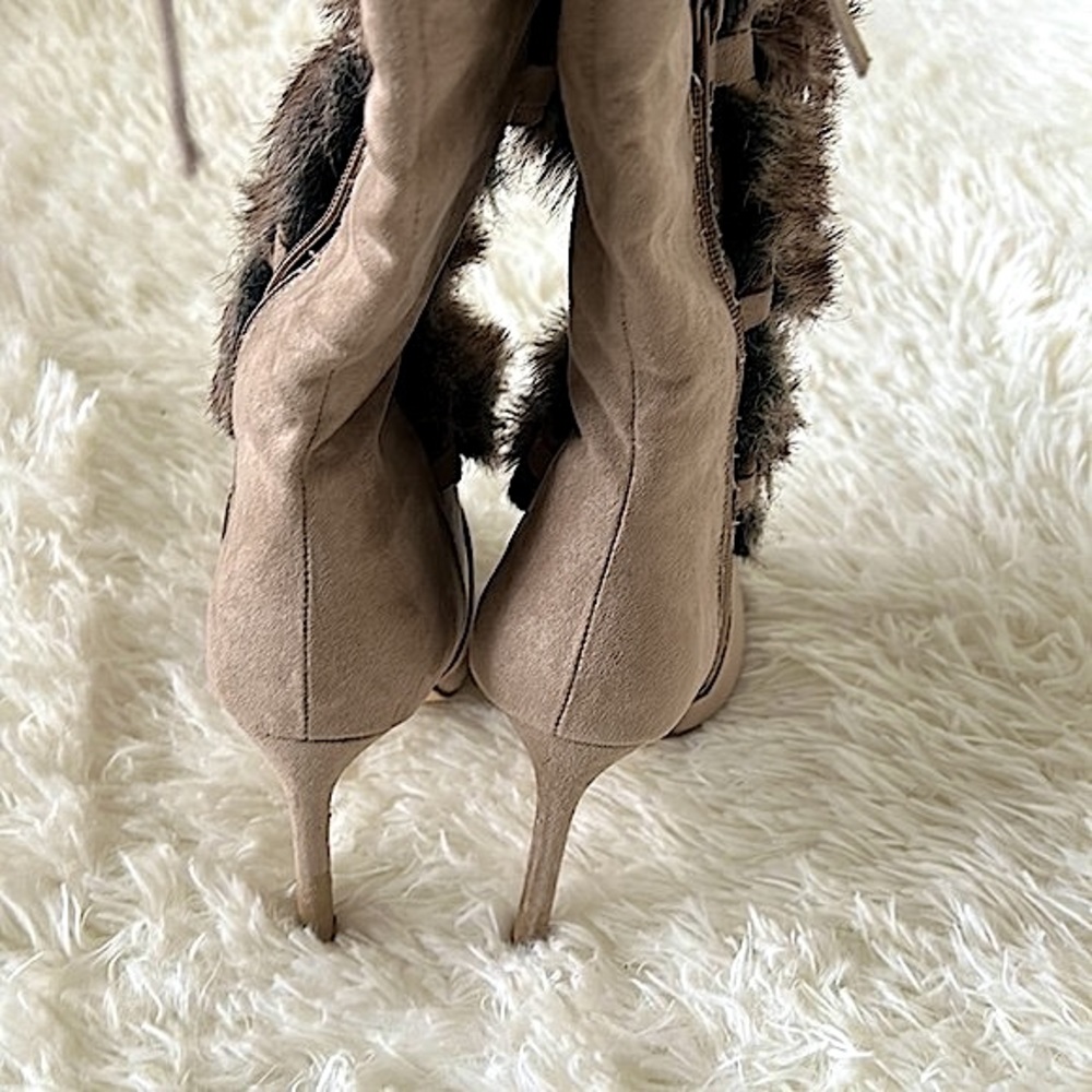 Suede Light Taupe Lace Up Faux Fur Boots - Picture 16 of 17